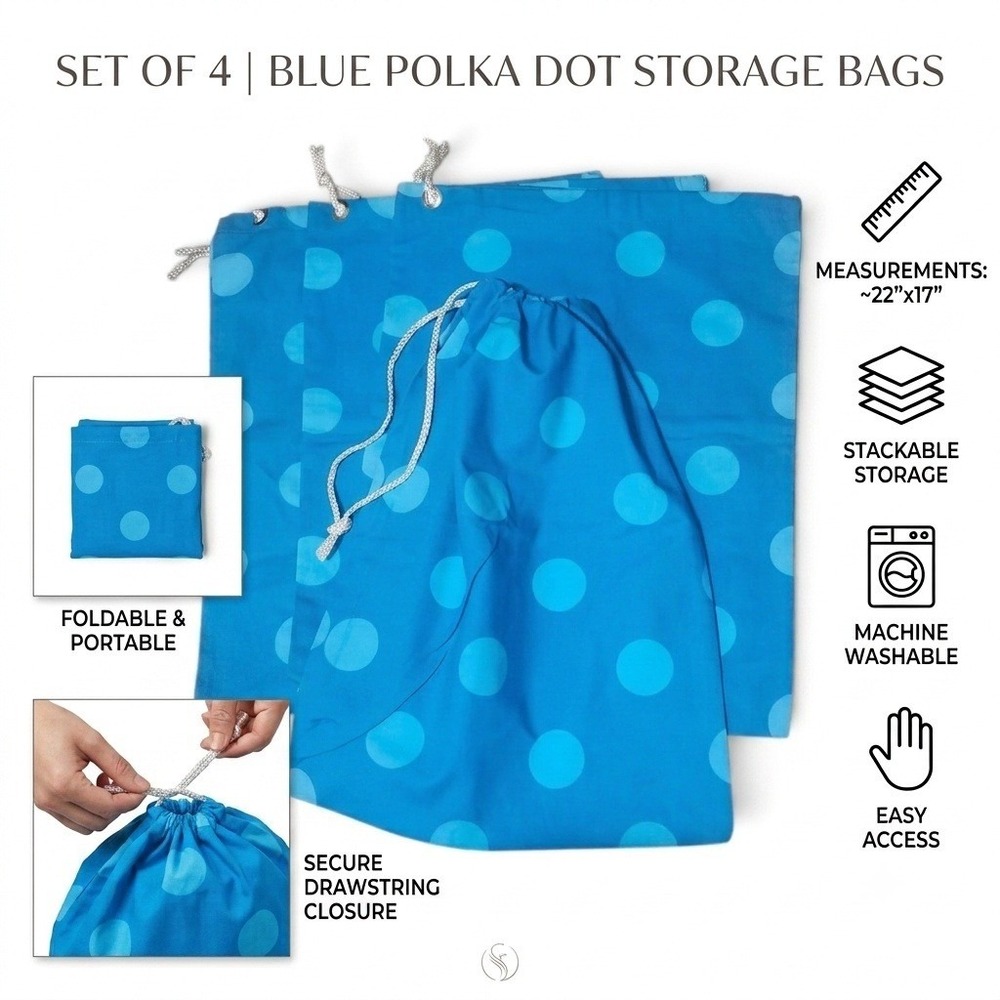 Set of 4 Blue Polka Dot Drawstring Storage Bags Organizer Laundry Pouch 22x17